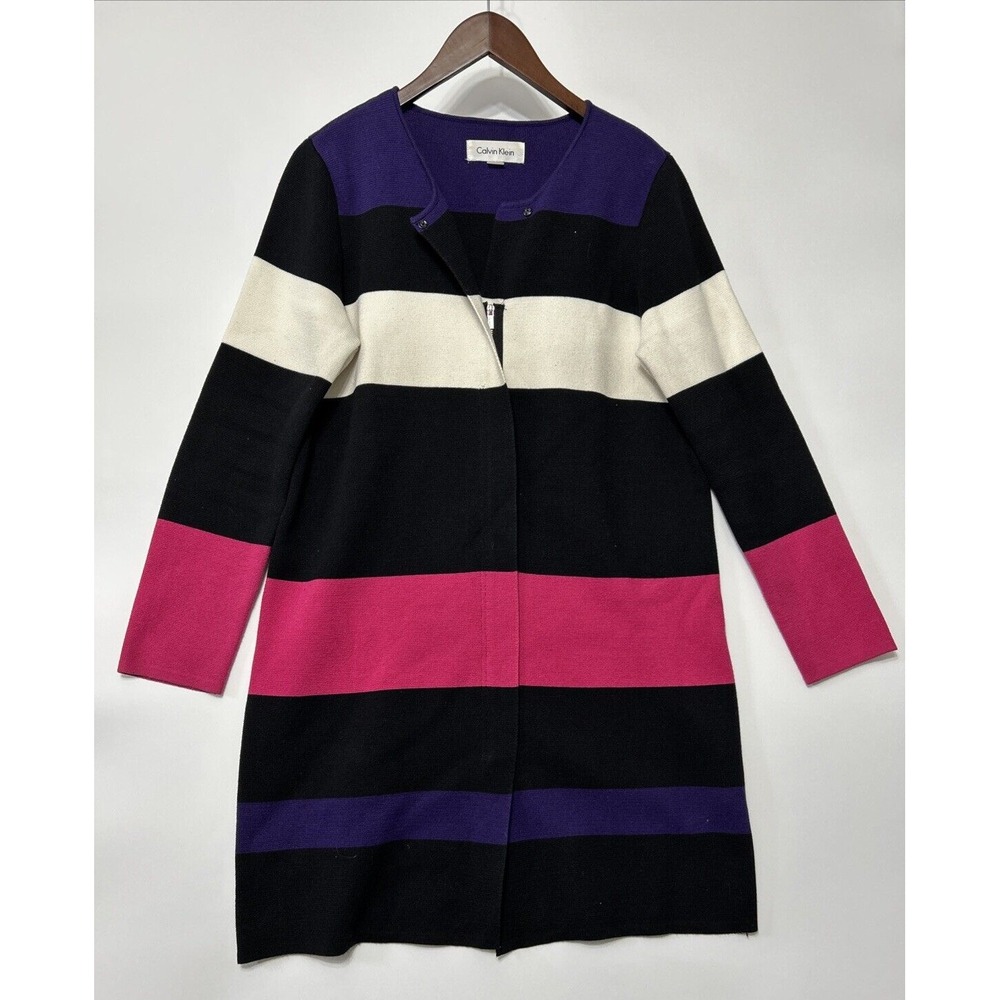 Calvin Klein Womens‎ Striped Sweater Size LP Colorblock Long Cardigan Thick Knit